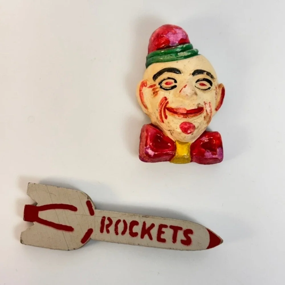 Vintage Pins Clown and Rocket Multicolor Weird Folk Art Kitsch 1950s Style Boho